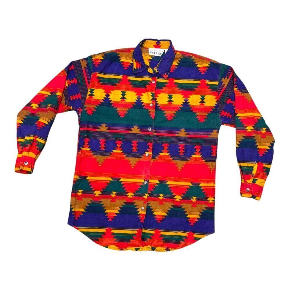 Vintage Carolina Colours Long-Sleeve Button-Up Shirt Bold Southwest Print L READ
